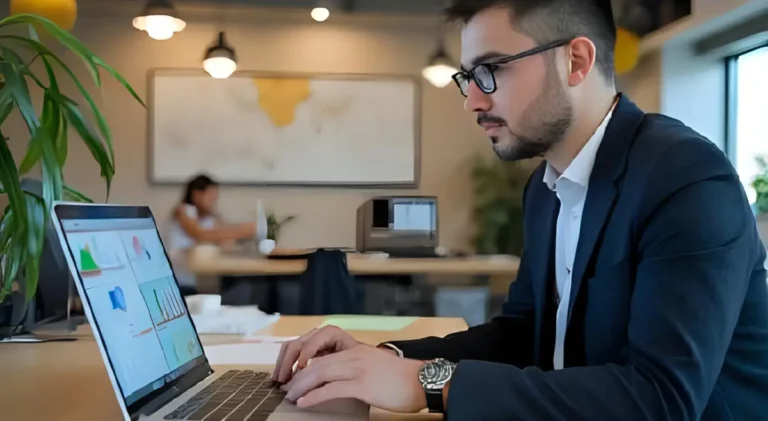 Entrepreneur using laptop with digital AI interface to automate tasks and boost productivity"