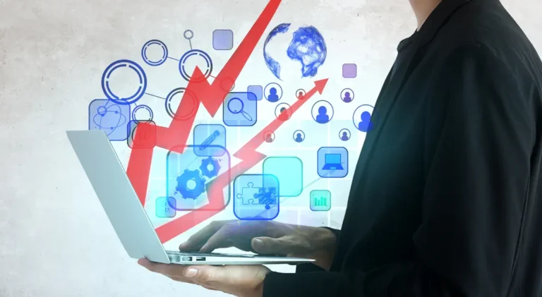 Entrepreneur testing a business idea on a whiteboard with charts and sticky notes